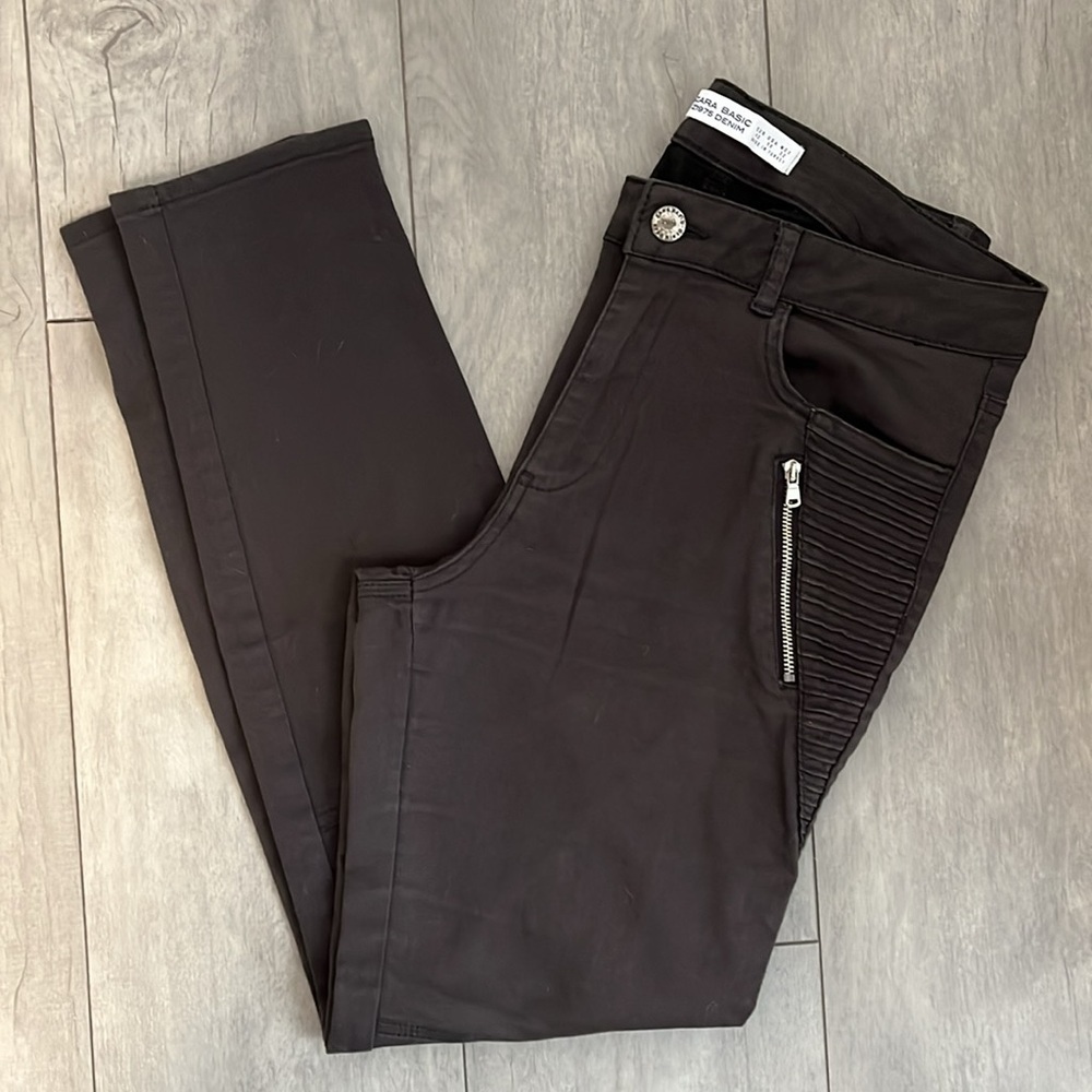 ZARA Z1975 Charcoal Grey Skinny Pin-tuck Zipper Detail Cotton Pants, Size 10
